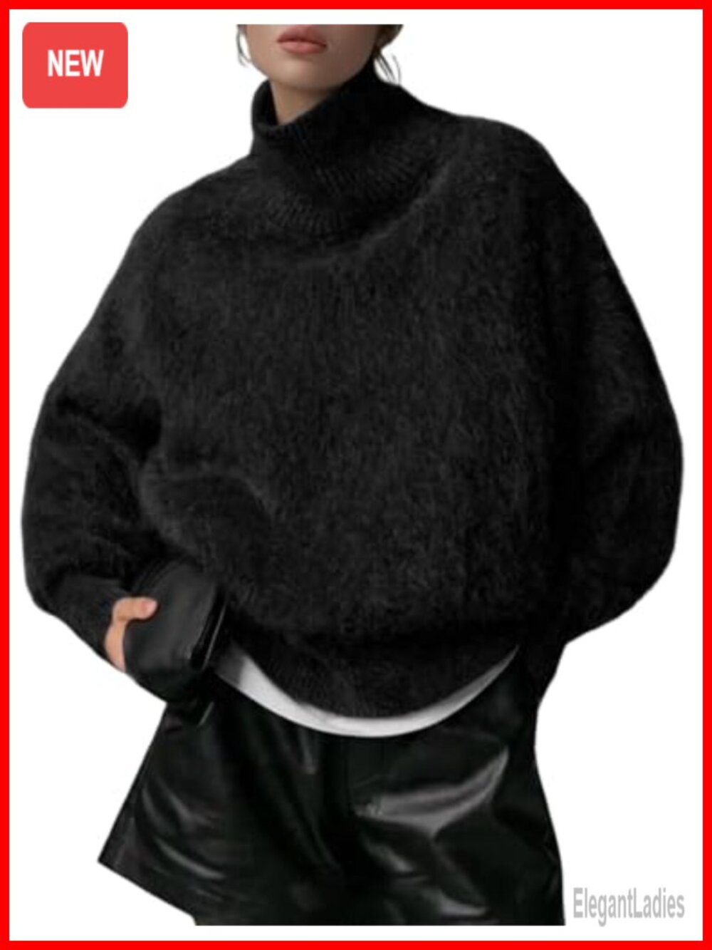 Oversized Fuzzy Knit Turtleneck Pullover Sweater Long Sleeve